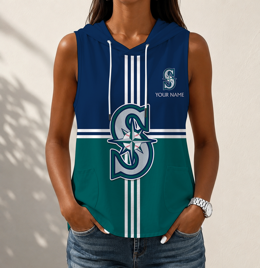 VIRAL EDITION - NEW CUSTOMIZED MLB14 SMS SEATTLE MARINERS WOMEN'S SLEEVELESS HOODED POCKET TANK TOP