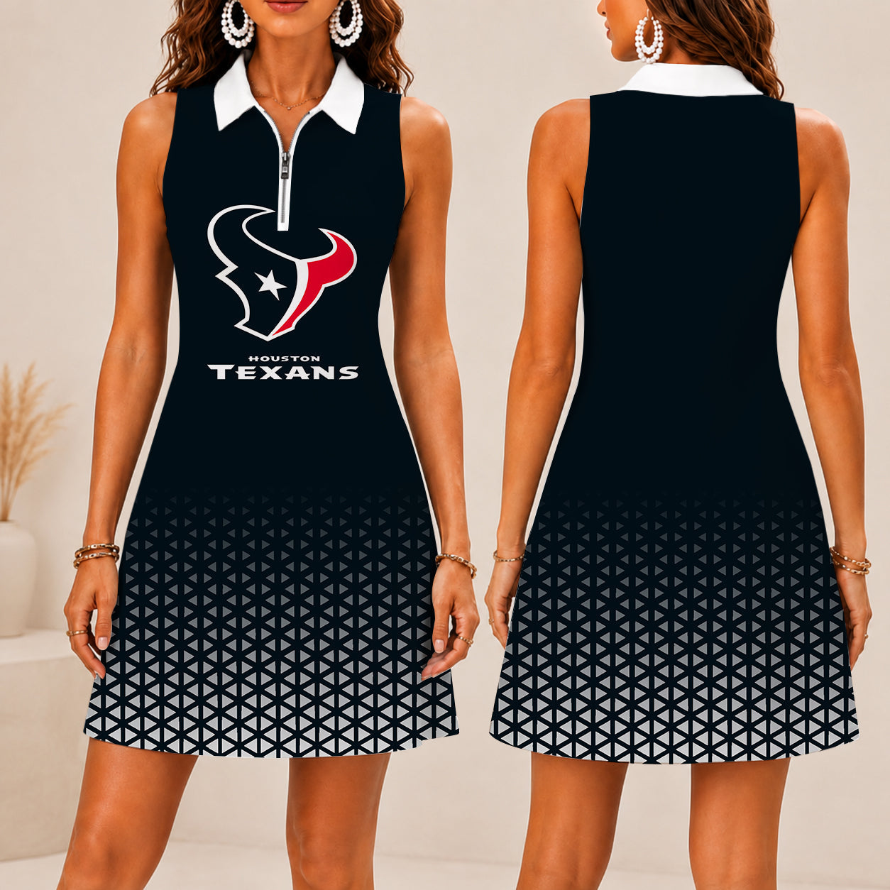 LIMITED EDITION - NEW CUSTOMIZED NFL15 HTT HOUSTON TEXANS WOMEN'S ZIP SLEEVELESS POLO DRESS