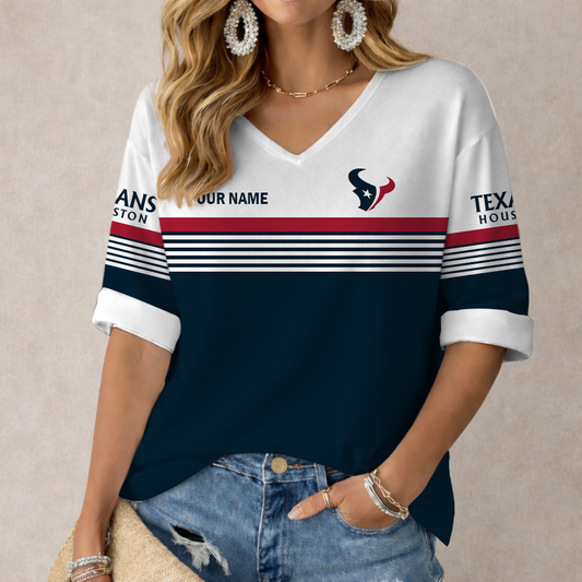 LIMITED EDITION - NEW CUSTOMIZED NFL15 HTT HOUSTON TEXANS WOMEN'S HEART V-NECK LONG SLEEVE SHIRT