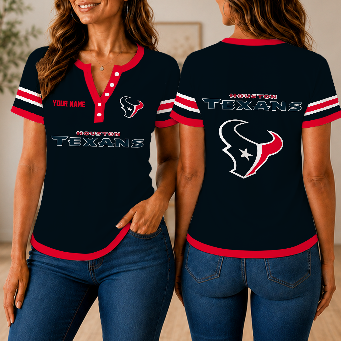 SPECIAL EDITION - NEW CUSTOMIZED NFL15 HTT HOUSTON TEXANS WOMEN'S SHORT SLEEVE HENLEY T-SHIRT