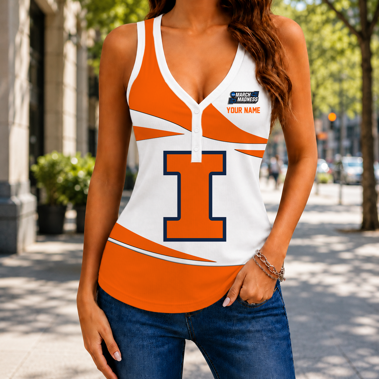 VIRAL EDITION - NEW CUSTOMIZED NCAA MAM15 IFI ILLINOIS FIGHTING ILLINI WOMEN'S V-NECK TANK TOP