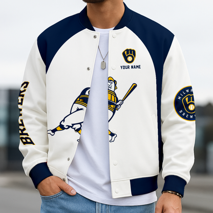 LIMITED EDITION - NEW CUSTOMIZED MLB15 MBS MW BREWERS BASEBALL JACKET, SATIN VARSITY JACKET
