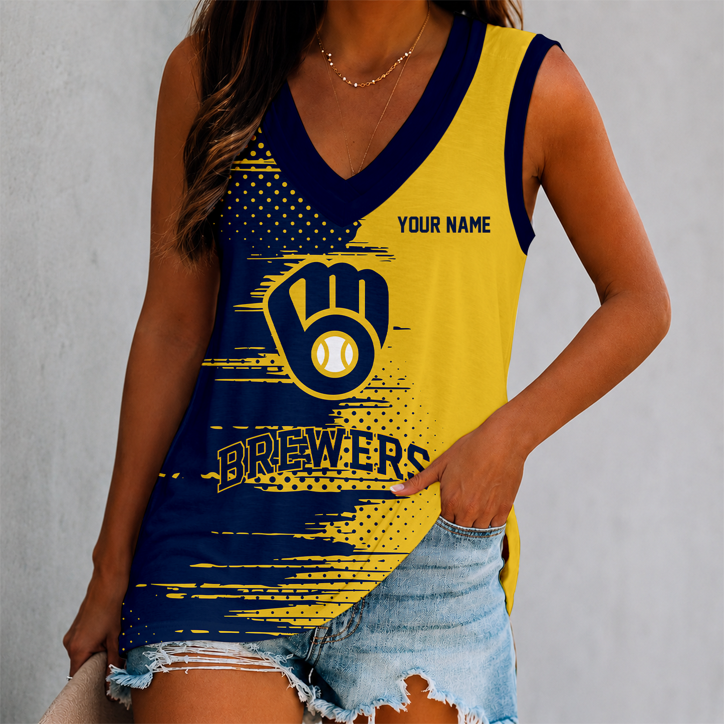 FINAL SALE - NEW CUSTOMIZED MLB15 MBS MILWAUKEE BREWERS WOMEN'S V-NECK TANK TOP