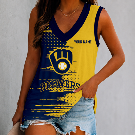 FINAL SALE - NEW CUSTOMIZED MLB15 MBS MILWAUKEE BREWERS WOMEN'S V-NECK TANK TOP