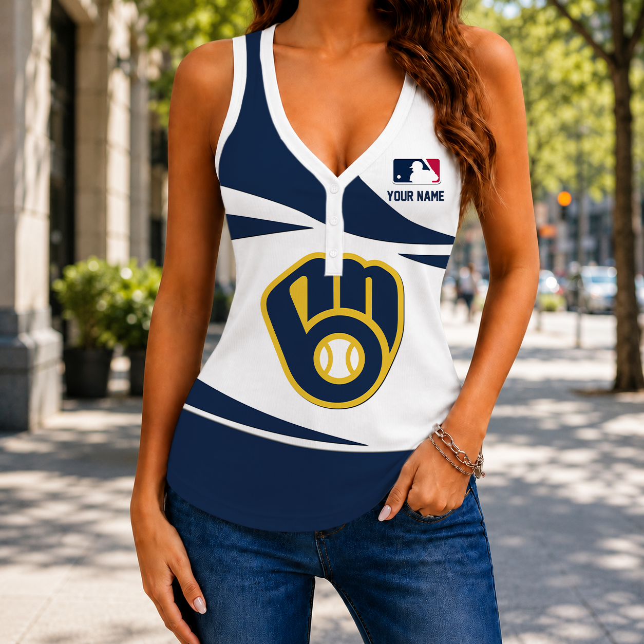 FINAL SALE - NEW CUSTOMIZED MLB15 MBS MILWAUKEE BREWERS WOMEN'S V-NECK TANK TOP