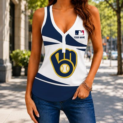 FINAL SALE - NEW CUSTOMIZED MLB15 MBS MILWAUKEE BREWERS WOMEN'S V-NECK TANK TOP