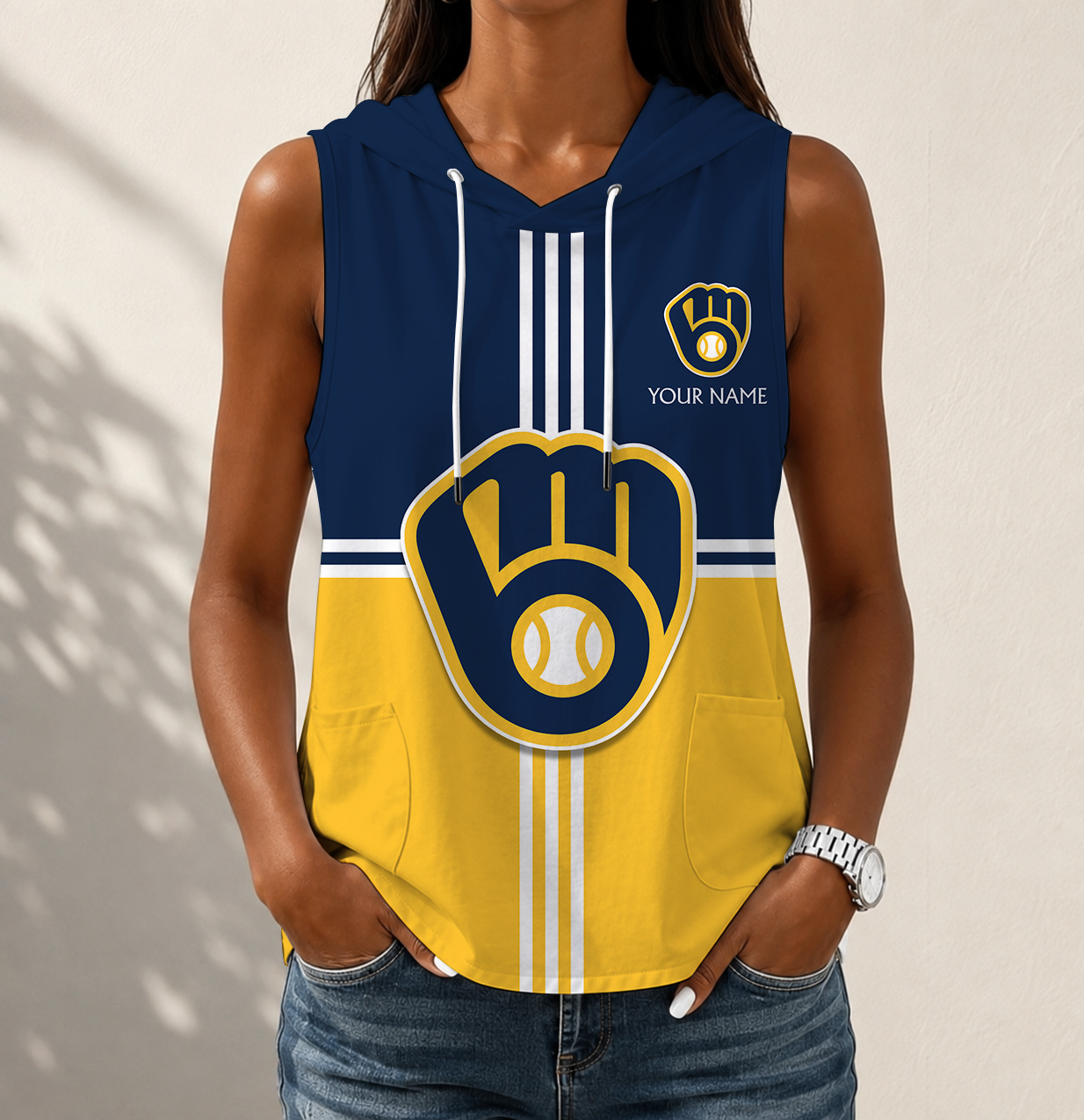 VIRAL EDITION - NEW CUSTOMIZED MLB15 MBS MILWAUKEE BREWERS WOMEN'S SLEEVELESS HOODED POCKET TANK TOP