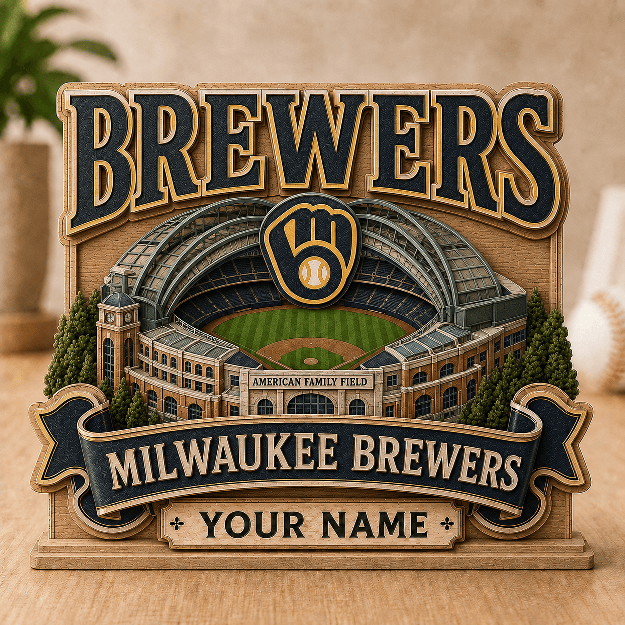 FLASH SALE - NEW CUSTOMIZED MLB15 MBS MILWAUKEE BREWERS 3-LAYER WOODEN BLOCK
