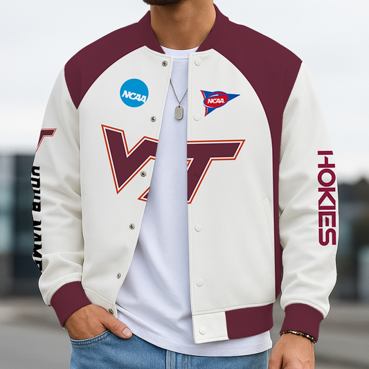 LIMITED DROP - NEW CUSTOMIZED NCAA FOOTBALL BOWL SUBDIVISION 15 VTH VIRGINIA TECH HOKIES BASEBALL JACKET, SATIN VARSITY JACKET