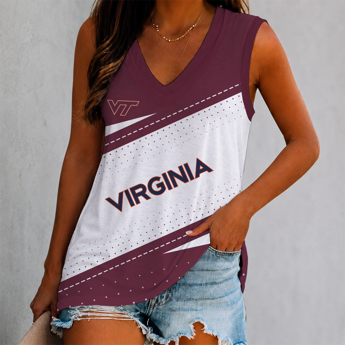 FINAL SALE - NEW CUSTOMIZED NCAA FBS15 VTH VIRGINIA TECH HOKIES WOMEN'S V-NECK TANK TOP