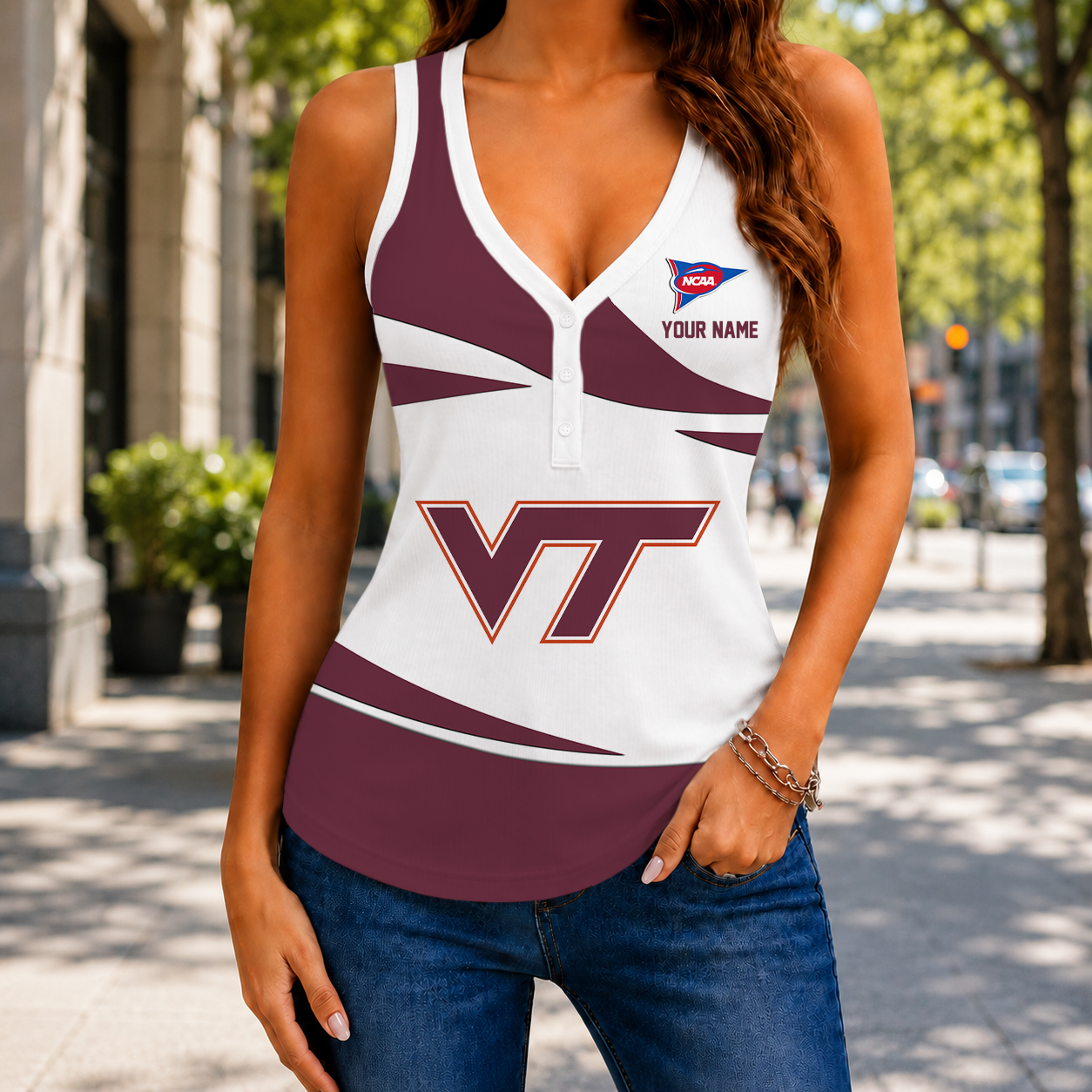 SPECIAL EDITION - NEW CUSTOMIZED NCAA FBS15 VTH VIRGINIA TECH HOKIES WOMEN'S V-NECK TANK TOP