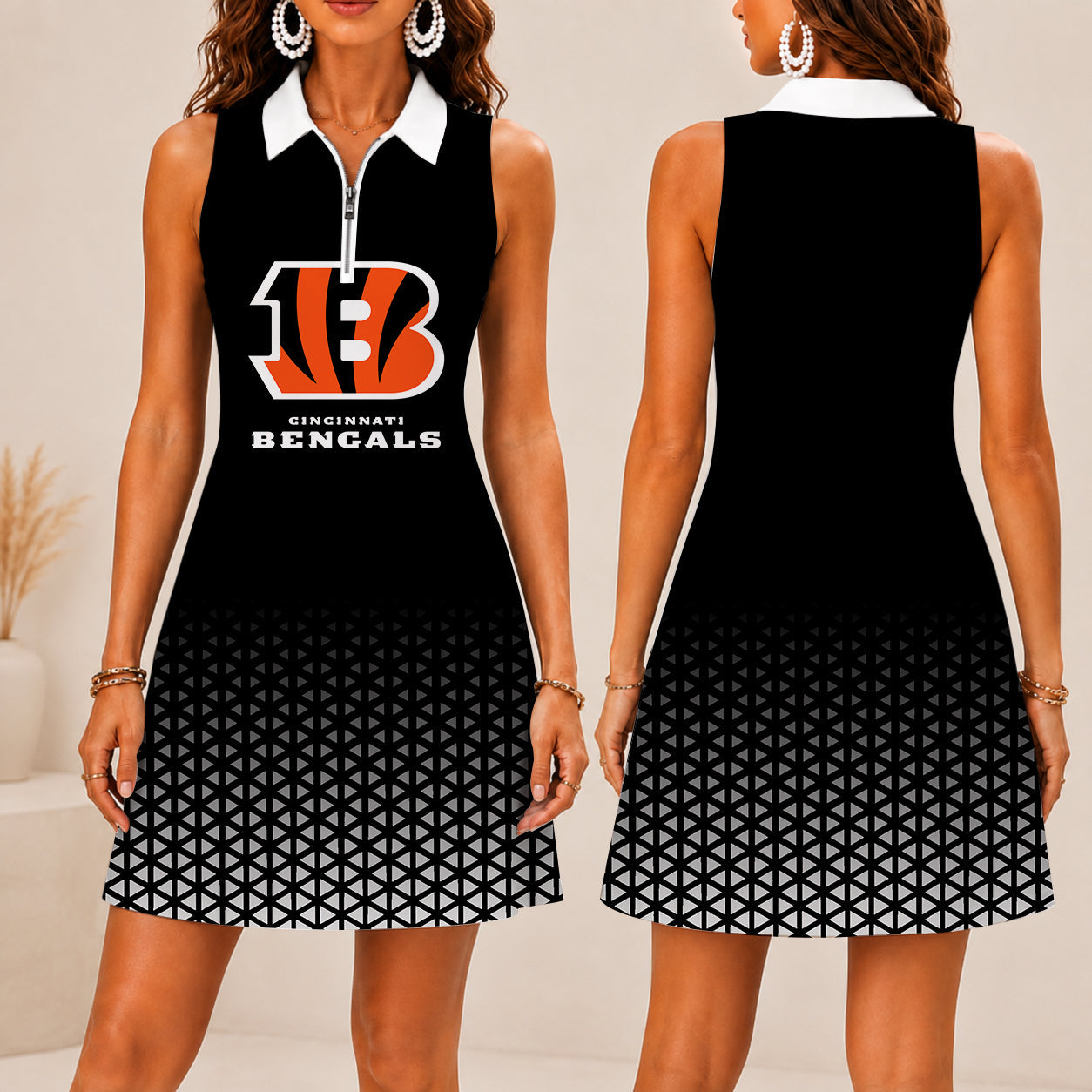 LIMITED EDITION - NEW CUSTOMIZED NFL16 CCB CINCINNATI BENGALS WOMEN'S ZIP SLEEVELESS POLO DRESS