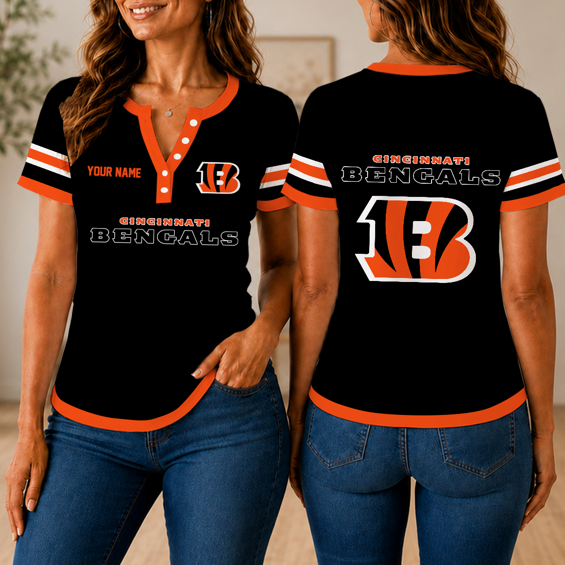 SPECIAL EDITION - NEW CUSTOMIZED NFL16 CCB CINCINNATI BENGALS WOMEN'S SHORT SLEEVE HENLEY T-SHIRT