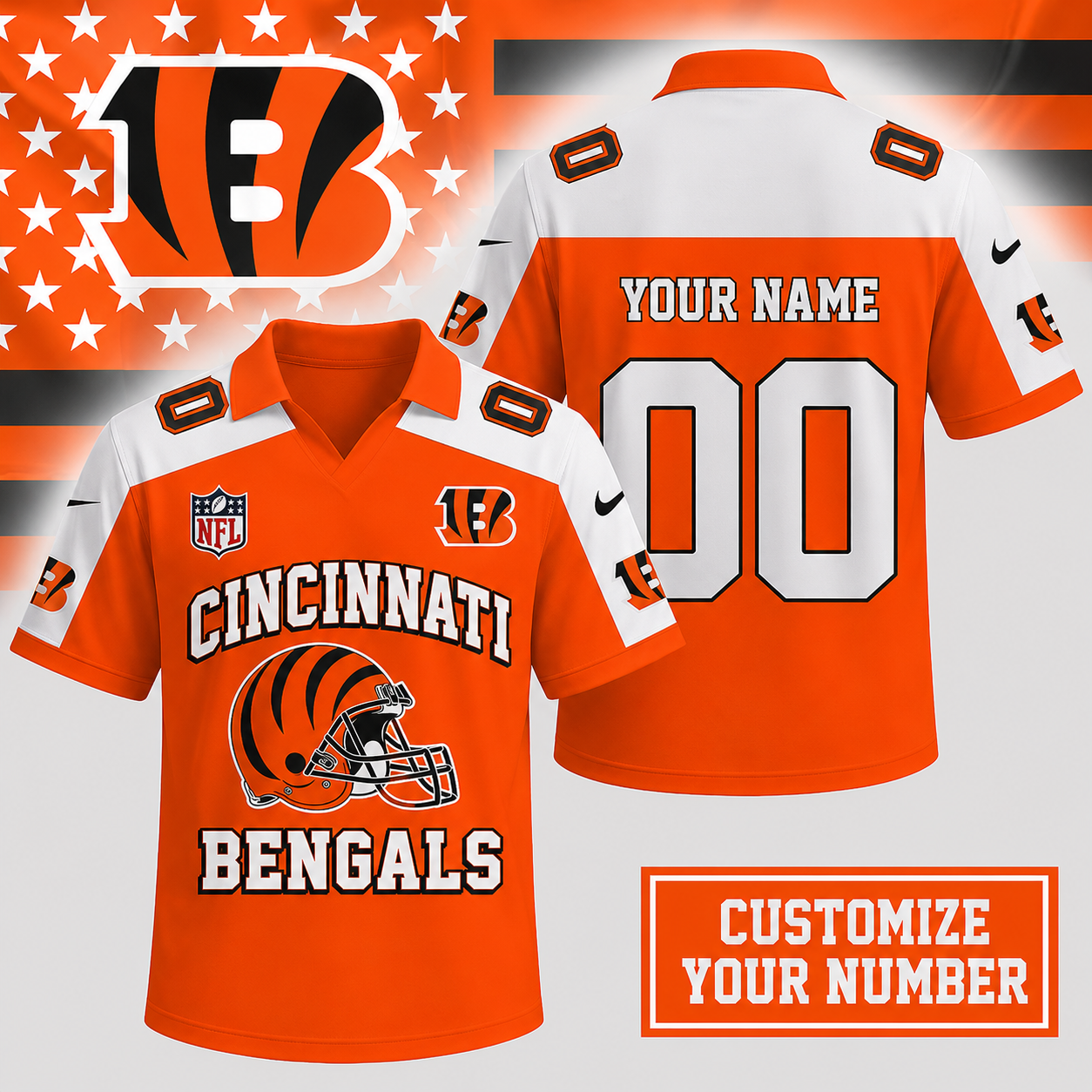 HOT DEAL - NEW CUSTOMIZED NFL16 CCB CINCINNATI BENGALS POLO SHIRT