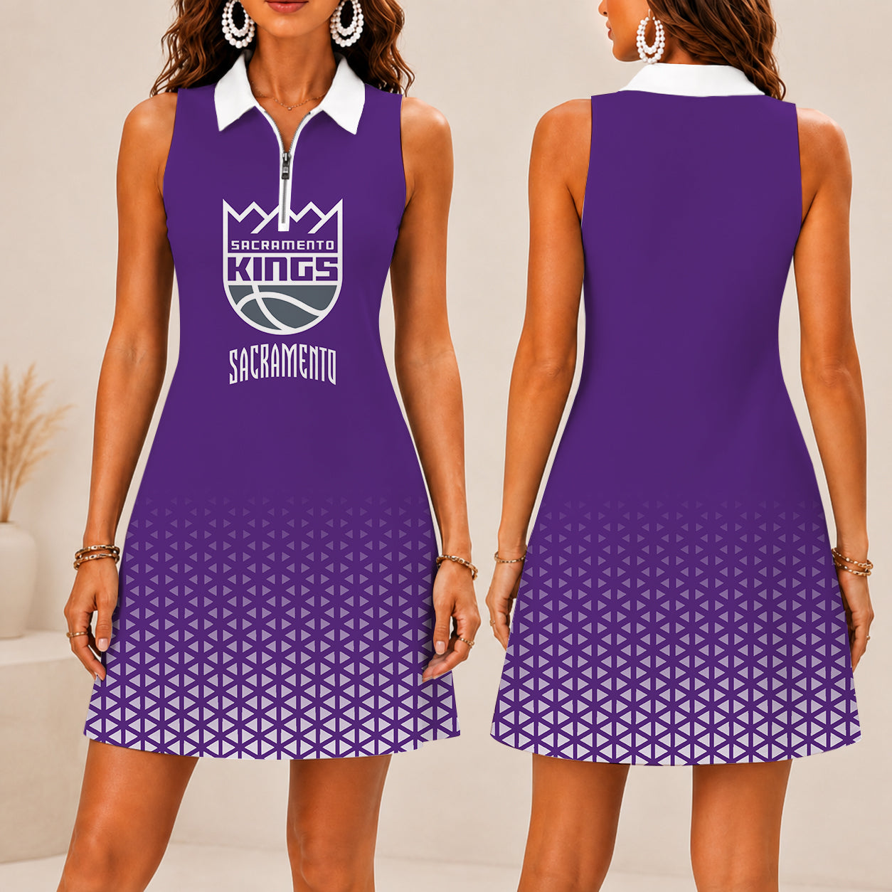 FINAL SALE - NEW CUSTOMIZED NBA16 SKI SACRAMENTO KINGS  WOMEN'S ZIP SLEEVELESS POLO DRESS