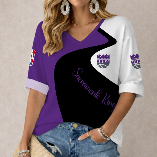 FINAL SALE - NEW CUSTOMIZED NBA16 SKI SACRAMENTO KINGS WOMEN'S V-NECK LONG SLEEVE SHIRT