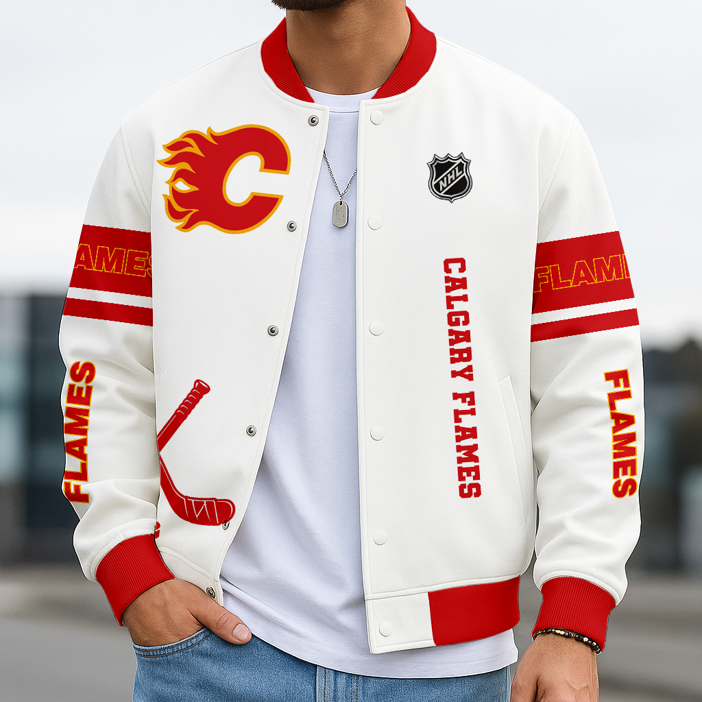 LIMITED EDITION - NEW CUSTOMIZED NHL17 CGF CG FLAMES BASEBALL JACKET, SATIN VARSITY JACKET