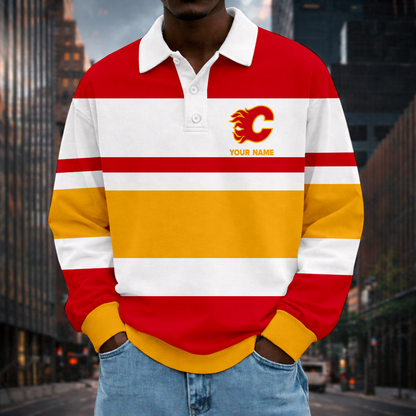LIMITED EDITION - NEW CUSTOMIZED NHL17 CGF CG FLAMES MEN LONG SLEEVE POLO