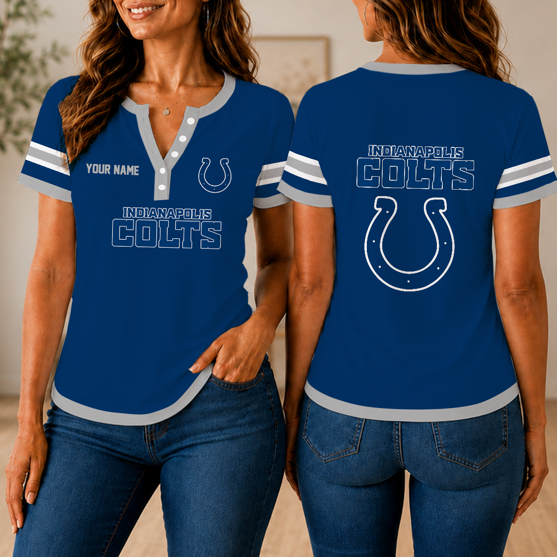 SPECIAL EDITION - NEW CUSTOMIZED NFL17 IDC INDIANAPOLIS COLTS WOMEN'S SHORT SLEEVE HENLEY T-SHIRT