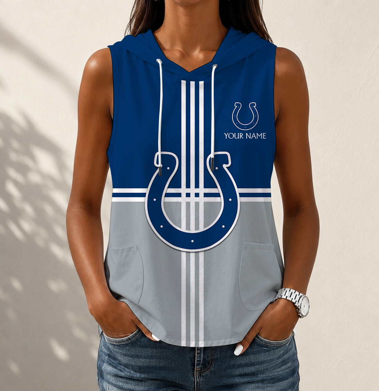 FINAL SALE - NEW CUSTOMIZED NFL17 IDC INDIANAPOLIS COLTS WOMEN'S SLEEVELESS HOODED POCKET TANK TOP