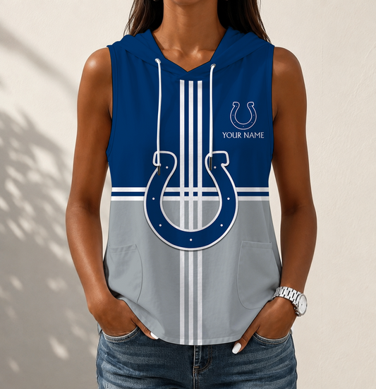 FINAL SALE - NEW CUSTOMIZED NFL17 IDC INDIANAPOLIS COLTS WOMEN'S SLEEVELESS HOODED POCKET TANK TOP