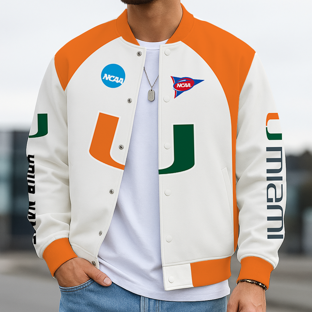 LIMITED DROP - NEW CUSTOMIZED NCAA FOOTBALL BOWL SUBDIVISION 17 MIH MIAMI HURRICANES BASEBALL JACKET, SATIN VARSITY JACKET