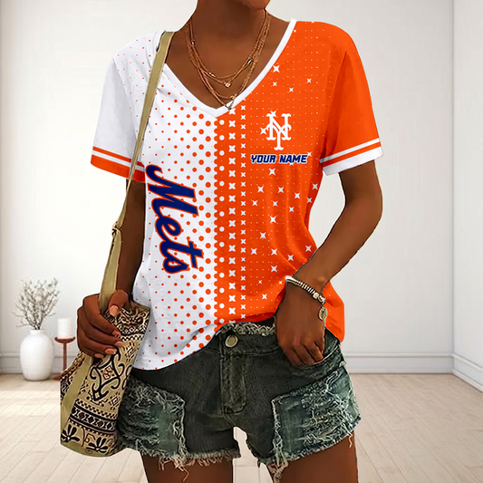 FINAL SALE - NEW CUSTOMIZED MLB17 NYM NEW YORK METS V-NECK FEMALE SHIRT