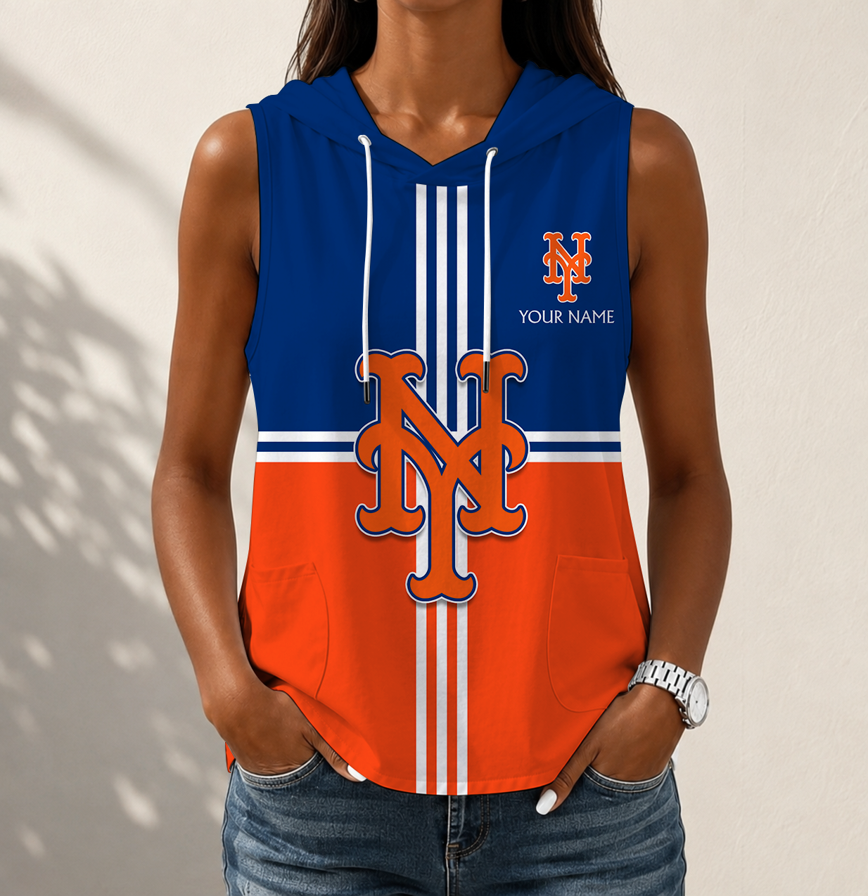 VIRAL EDITION - NEW CUSTOMIZED MLB17 NYM NEW YORK METS WOMEN'S SLEEVELESS HOODED POCKET TANK TOP