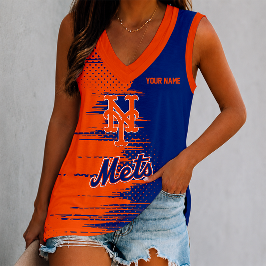 FINAL SALE - NEW CUSTOMIZED MLB17 NYM NEW YORK METS WOMEN'S V-NECK TANK TOP