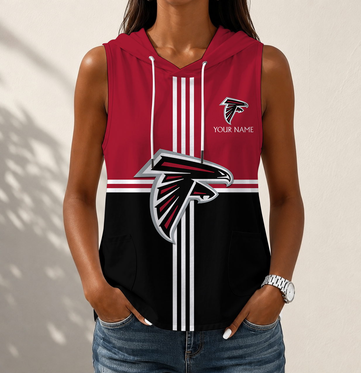 FINAL SALE - NEW CUSTOMIZED NFL18 ATF ATLANTA FALCONS WOMEN'S SLEEVELESS HOODED POCKET TANK TOP