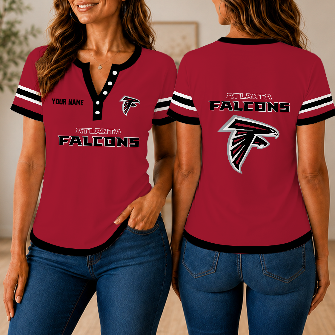 SPECIAL EDITION - NEW CUSTOMIZED NFL18 ATF ATLANTA FALCONS WOMEN'S SHORT SLEEVE HENLEY T-SHIRT