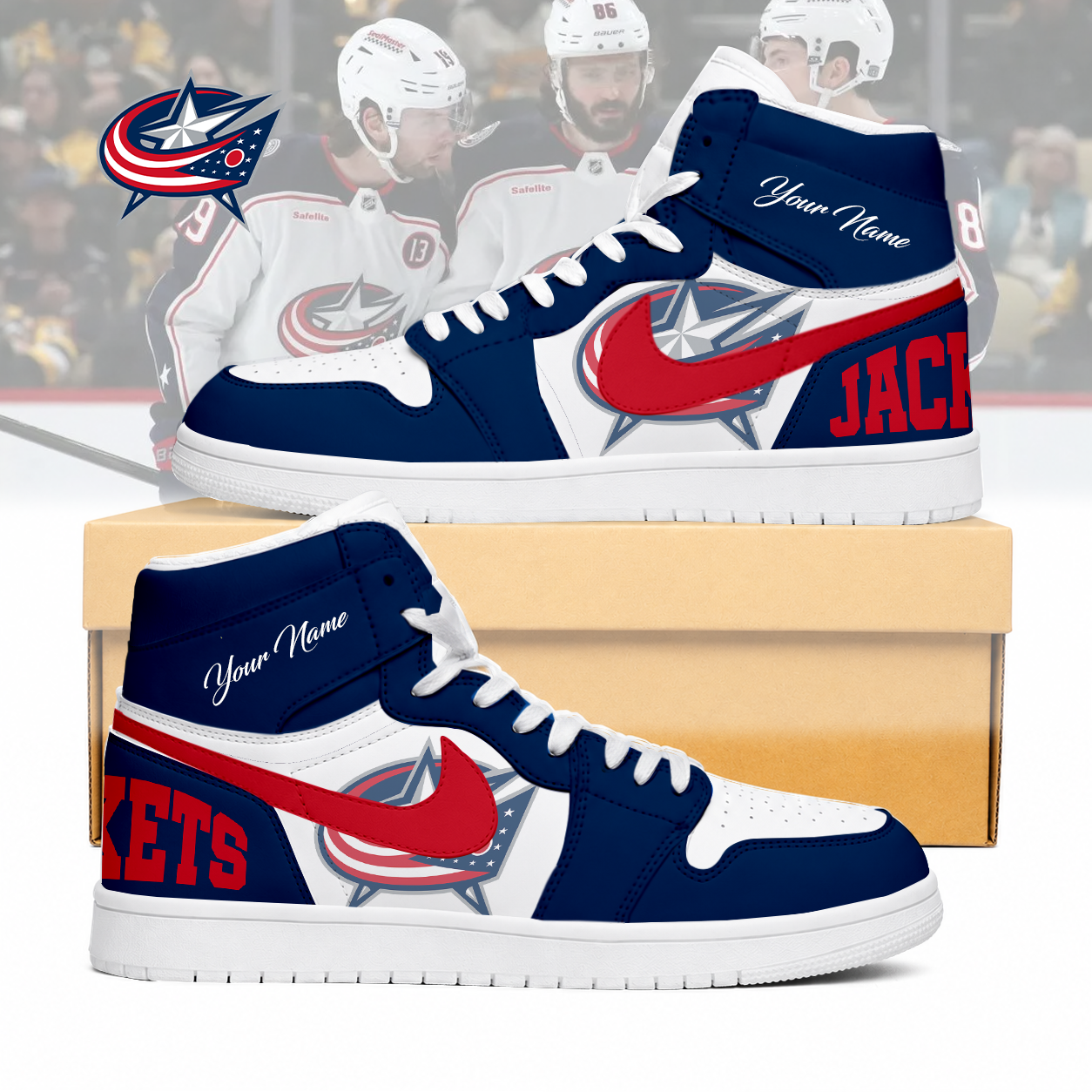 FINAL SALE - NEW CUSTOMIZED NHL18 CBJ COLUMBUS BLUE JACKETS AIR JORDAN SNEAKERS