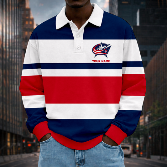 LIMITED EDITION - NEW CUSTOMIZED NHL18 CBJ CB JACKETS MEN LONG SLEEVE POLO