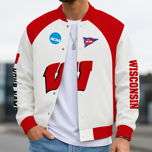 LIMITED DROP - NEW CUSTOMIZED NCAA FOOTBALL BOWL SUBDIVISION 18 WSB WISCONSIN BADGERS BASEBALL JACKET, SATIN VARSITY JACKET