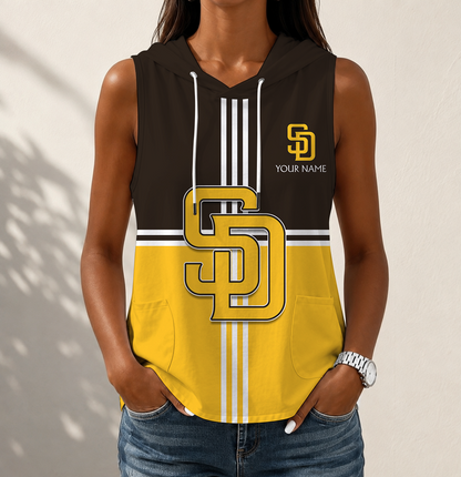 VIRAL EDITION - NEW CUSTOMIZED MLB18 SDP SAN DIEGO PADRES WOMEN'S SLEEVELESS HOODED POCKET TANK TOP