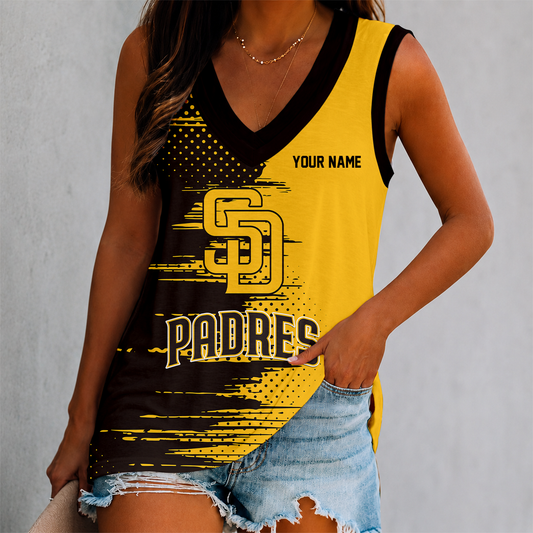 FINAL SALE - NEW CUSTOMIZED MLB18 SDP SAN DIEGO PADRES WOMEN'S V-NECK TANK TOP