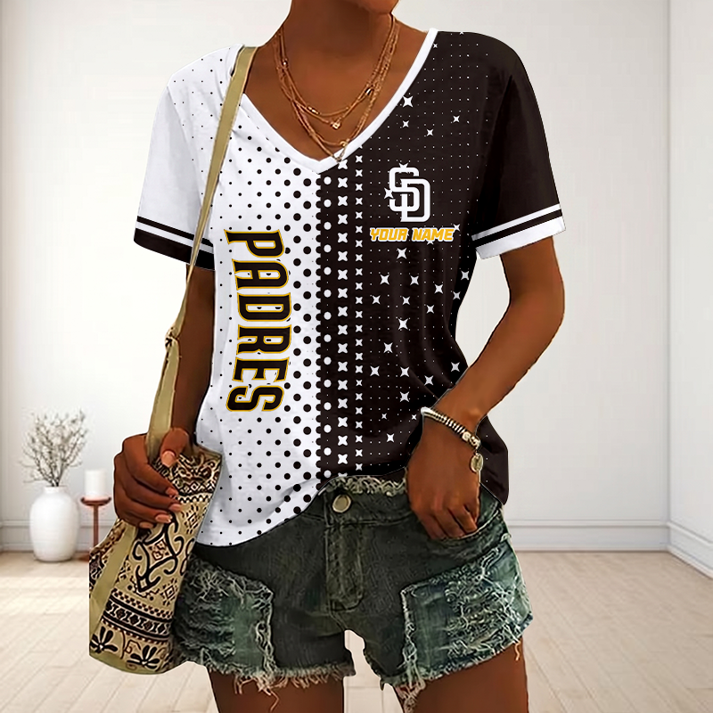 FINAL SALE - NEW CUSTOMIZED MLB18 SDP SAN DIEGO PADRES V-NECK FEMALE SHIRT