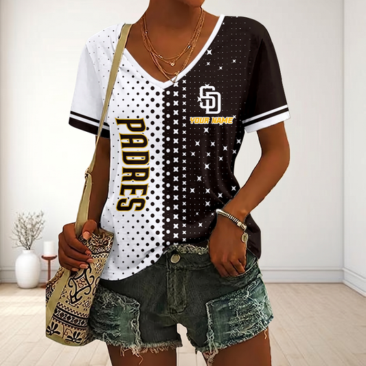 FINAL SALE - NEW CUSTOMIZED MLB18 SDP SAN DIEGO PADRES V-NECK FEMALE SHIRT