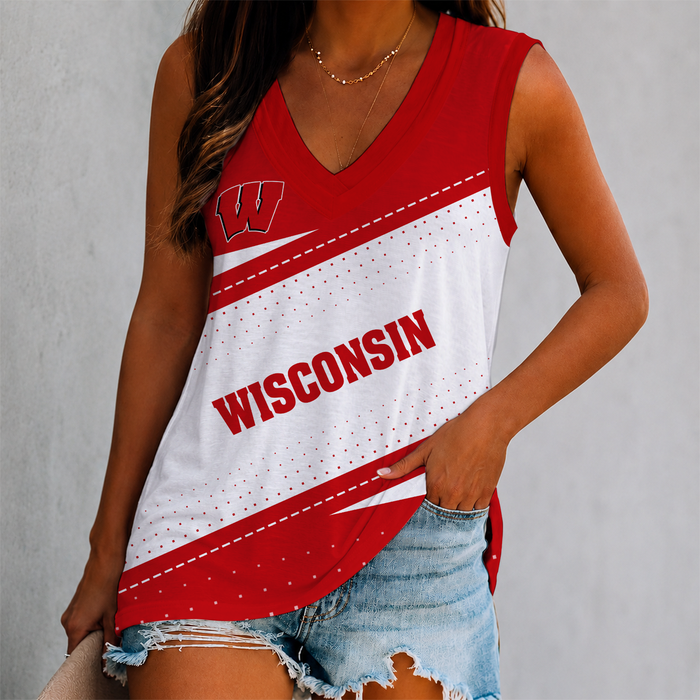 FINAL SALE - NEW CUSTOMIZED NCAA FBS18 WSB WISCONSIN BADGERS WOMEN'S V-NECK TANK TOP