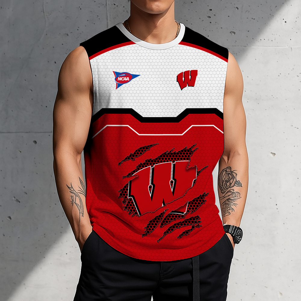 SPECIAL EDITION - NEW CUSTOMIZED NCAA FBS18 WSB WISCONSIN BADGERS MEN'S GYM SHIRT