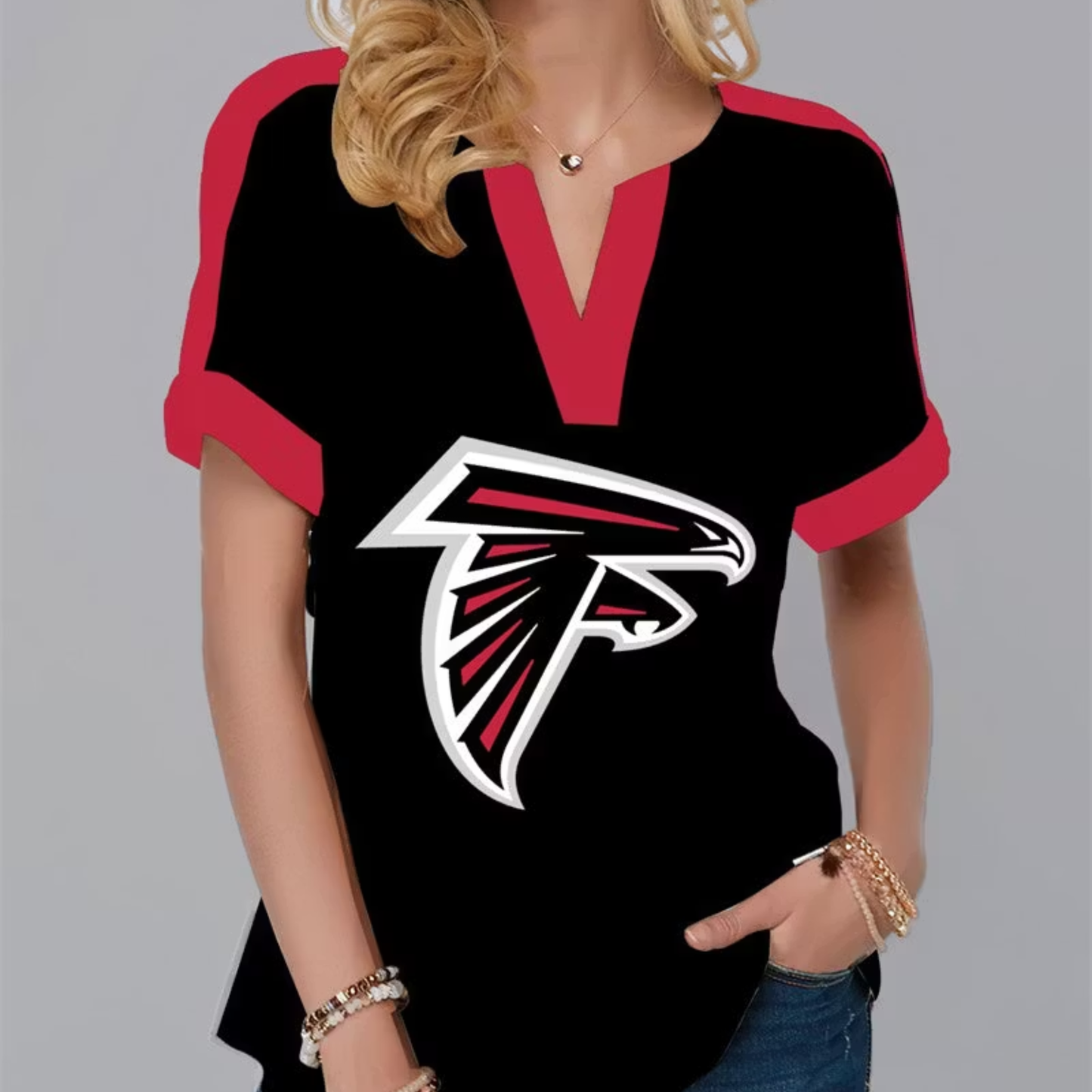 FINAL SALE - NEW CUSTOMIZED NFL18 ATF ATLANTA FALCONS V-NECK FEMALE SHIRT