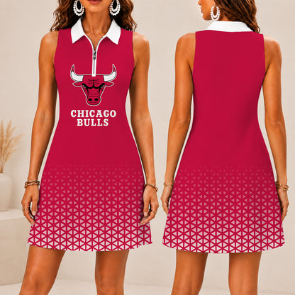 FINAL SALE - NEW CUSTOMIZED NBA19 CBU CHICAGO BULLS  WOMEN'S ZIP SLEEVELESS POLO DRESS