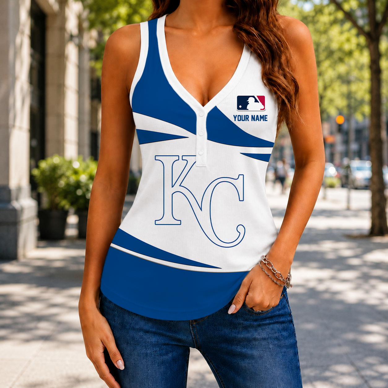 FINAL SALE - NEW CUSTOMIZED MLB19 KCR KANSAS CITY ROYALS WOMEN'S V-NECK TANK TOP