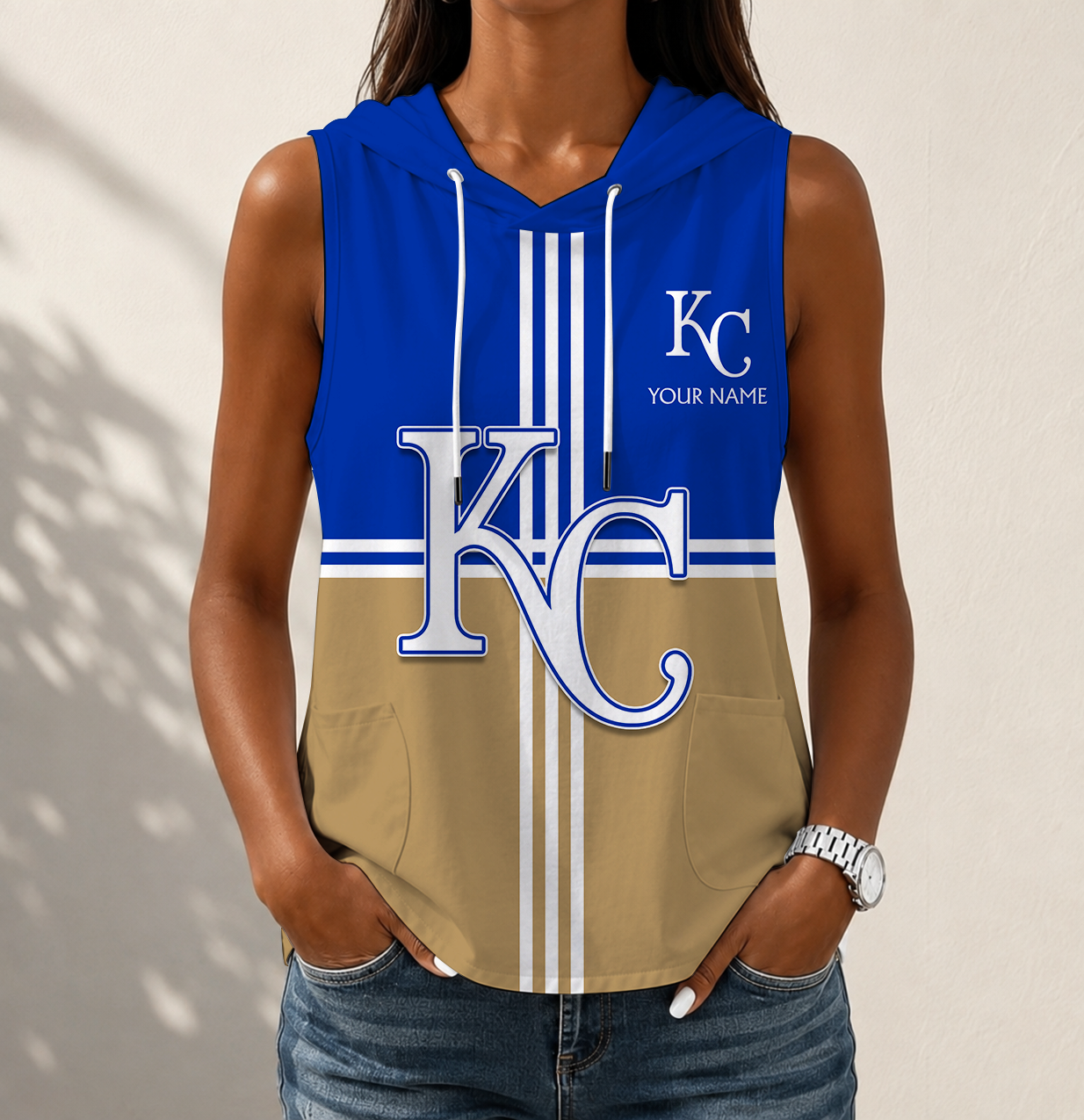 VIRAL EDITION - NEW CUSTOMIZED MLB19 KCR KANSAS CITY ROYALS WOMEN'S SLEEVELESS HOODED POCKET TANK TOP