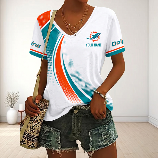 FINAL SALE - NEW CUSTOMIZED NFL19 MDP MIAMI DOLPHINS V-NECK FEMALE SHIRT