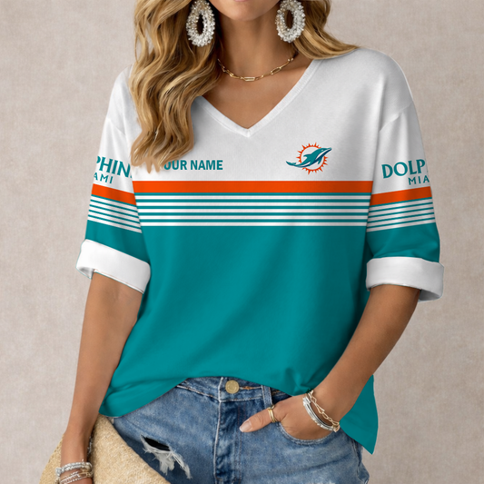 LIMITED EDITION - NEW CUSTOMIZED NFL19 MDP MIAMI DOLPHINS WOMEN'S HEART V-NECK LONG SLEEVE SHIRT