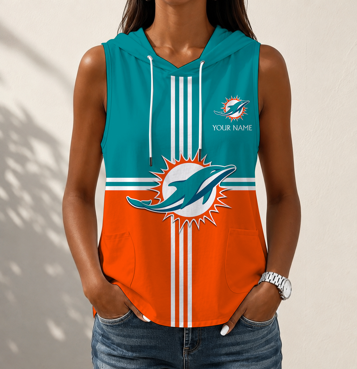 FINAL SALE - NEW CUSTOMIZED NFL19 MDP MIAMI DOLPHINS WOMEN'S SLEEVELESS HOODED POCKET TANK TOP