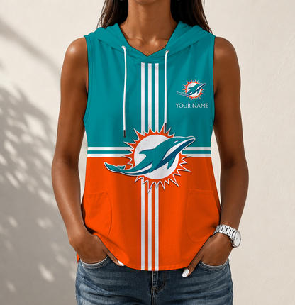FINAL SALE - NEW CUSTOMIZED NFL19 MDP MIAMI DOLPHINS WOMEN'S SLEEVELESS HOODED POCKET TANK TOP