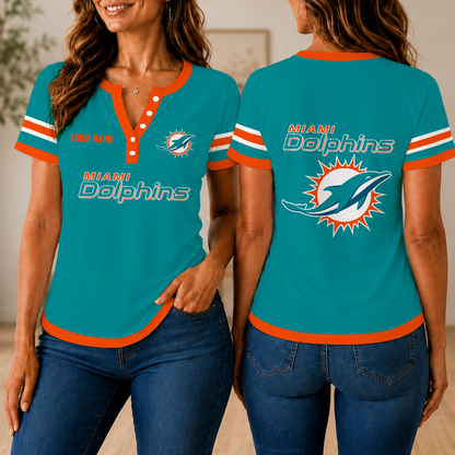 SPECIAL EDITION - NEW CUSTOMIZED NFL19 MDP MIAMI DOLPHINS WOMEN'S SHORT SLEEVE HENLEY T-SHIRT