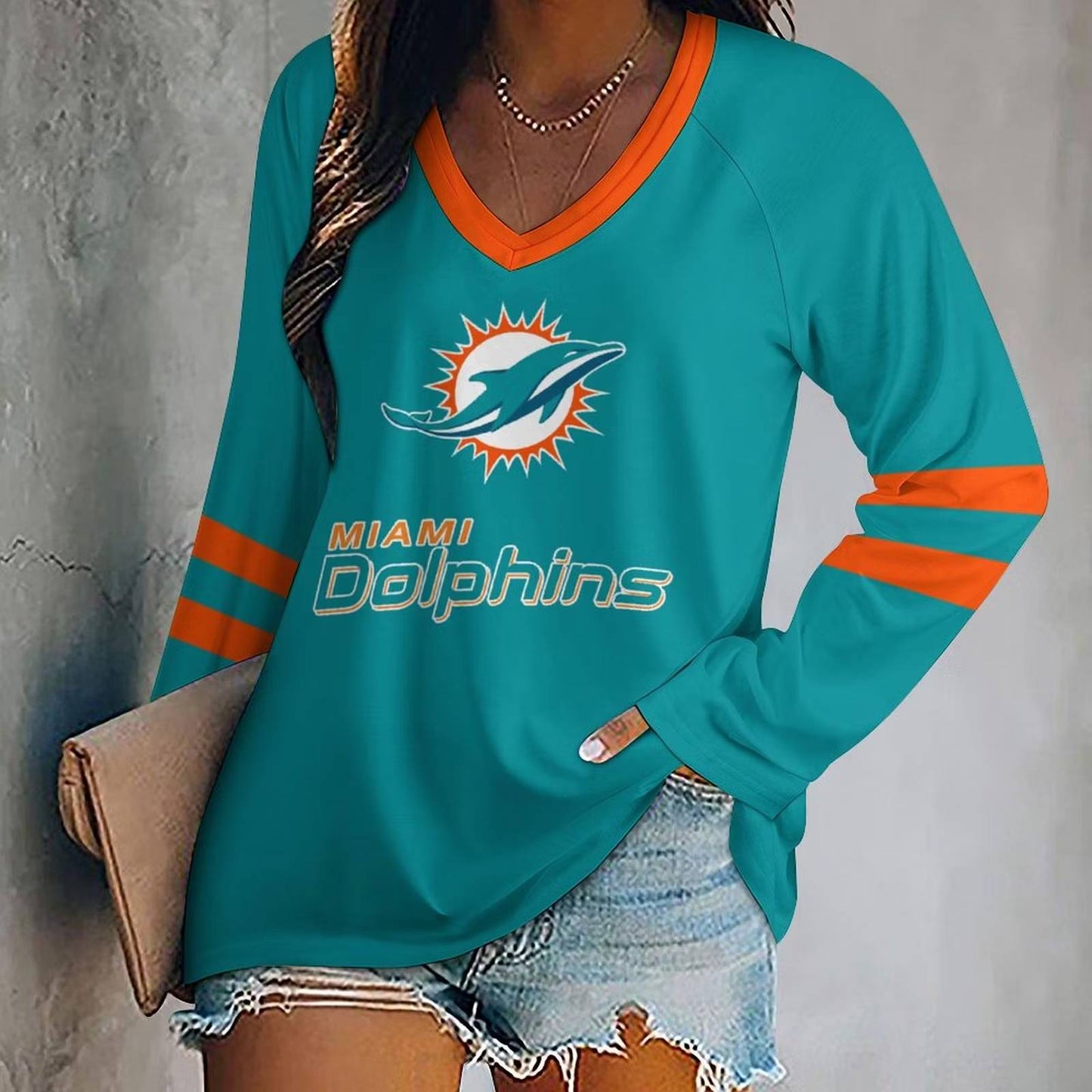 FLASH SALE - NEW CUSTOMIZED NFL19 MDP MIAMI DOLPHINS WOMEN'S V-NECK LONG SLEEVED SHIRT